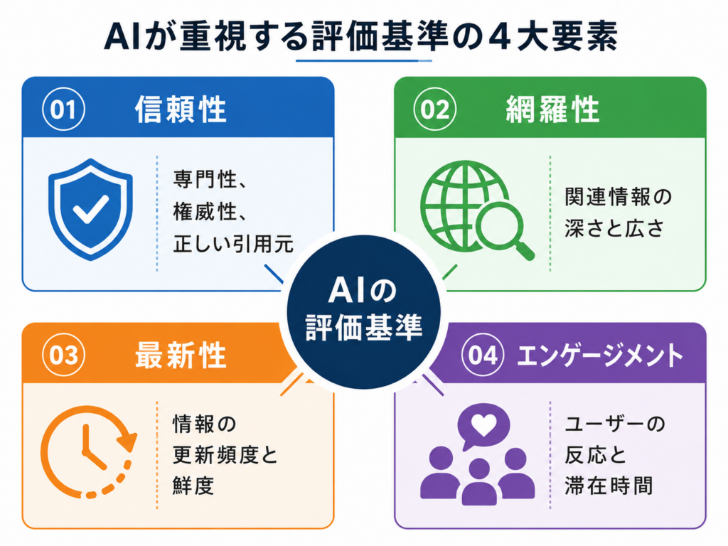 AIの評価基準について
①信頼性:専門性・権威性・正しい引用元
②網羅性:関連情報の正しい引用元深さと広さ
③最新性:情報の更新頻度と鮮度
④ユーザーの反応と滞在時間