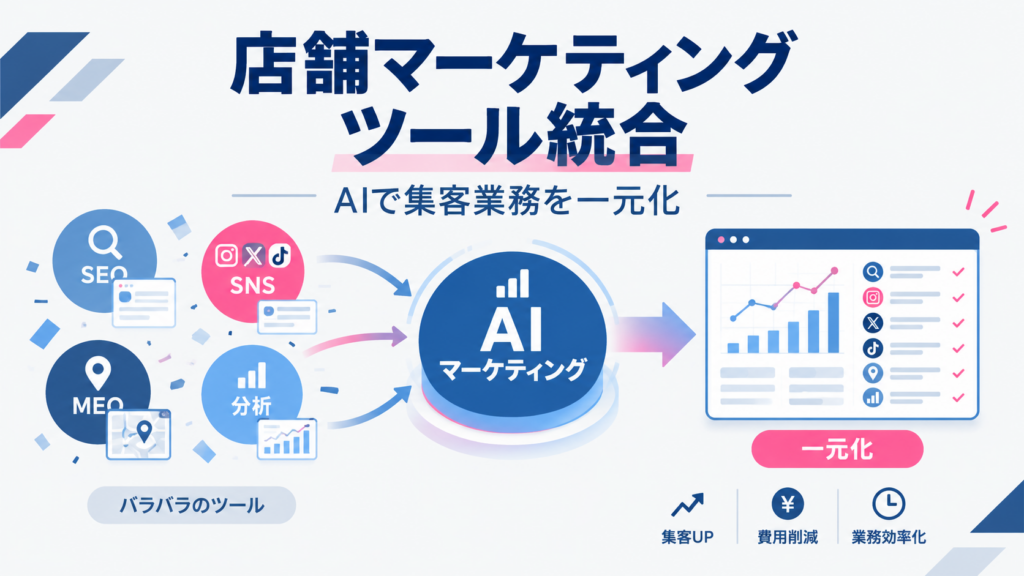 店舗マーケティングのSEO・SNS・MEOをAIで一元管理するイメージ