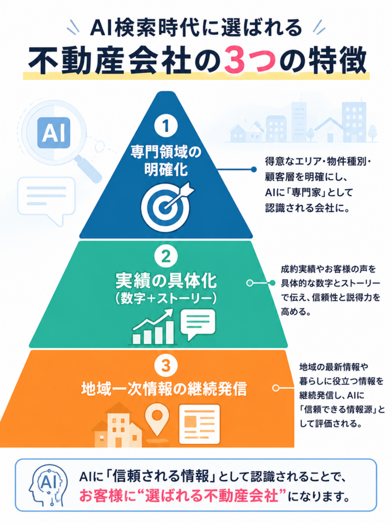 【図解:AI検索時代に選ばれる不動産会社の3つの特徴を三角形またはピラミッドで表現する図。①専門領域の明確化、②実績の具体化(数字+ストーリー)、③地域一次情報の継続発信、の3要素を配置し、それぞれに一言説明を添える】