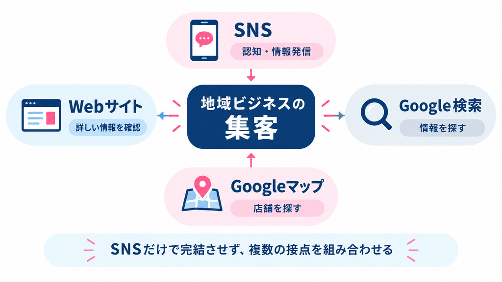 地域ビジネスの集客におけるSNS・Google検索・Googleマップ・Webサイトの役割を示した図