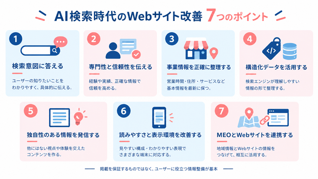 AI検索を見据えたWebサイト改善の7つのポイントをまとめた図