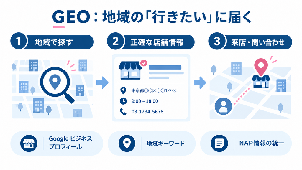 地域検索から正確な店舗情報を経て、来店または問い合わせにつながるGEOの流れ